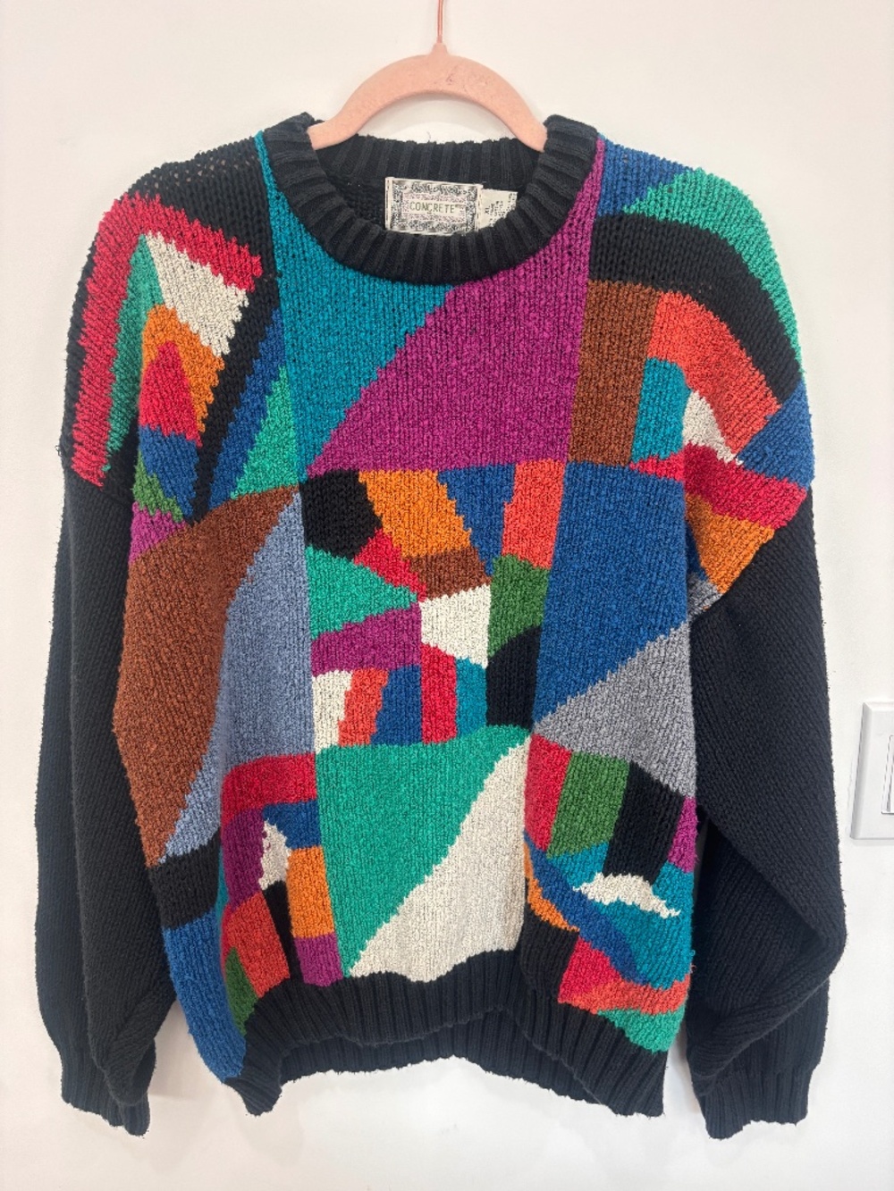 Vintage Concrete Mix Men’s XL Abstract Geometric Multicolor Knit Sweater 90s